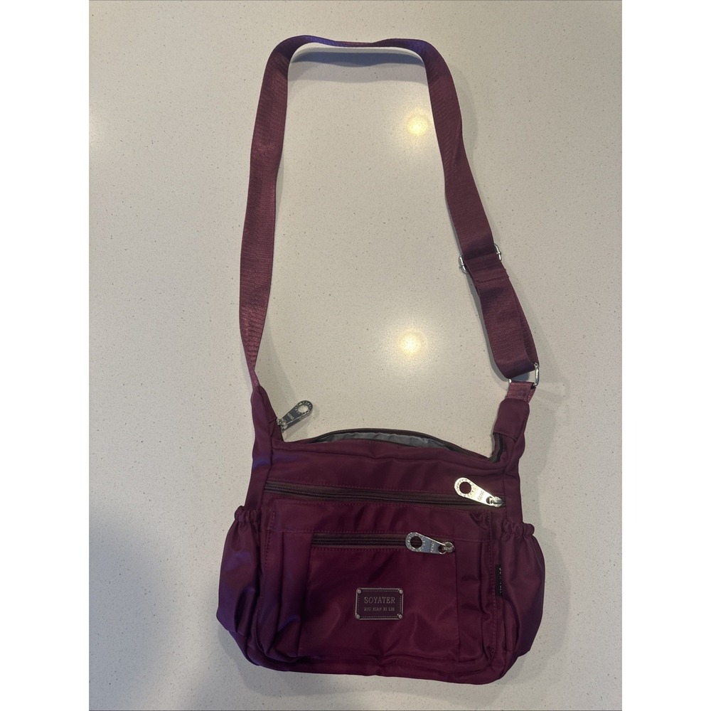 Soyater Burgundy Nylon Crossbody Shoulder Bag 9 Pockets Decorative Zippers